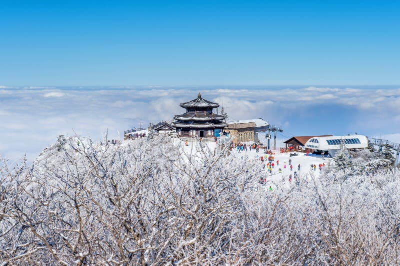 DEOGYUSAN,KOREA - JANUARY 23: Tourists taking photos of the beautiful scenery and skiing around Deogyusan,South Korea on January 23, 2015. DEOGYUSAN,KOREA - JANUARY 23: Tourists taking photos of the beautiful scenery and skiing around Deogyusan,South Korea on January 23, 2015.