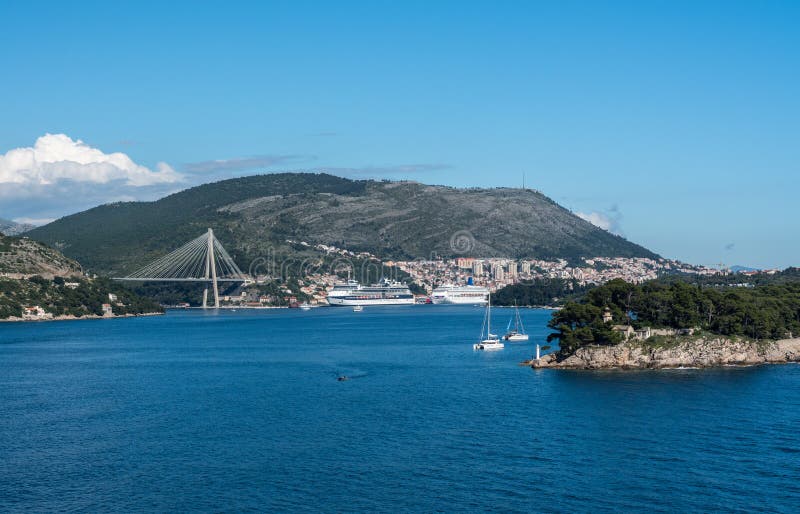 Dubrovnik, Croatia - 22 May 2019: Celebrity Constellation cruise ship with P and O Oriana docked in the Dubrovnik cruise. Dubrovnik, Croatia - 22 May 2019: Celebrity Constellation cruise ship with P and O Oriana docked in the Dubrovnik cruise