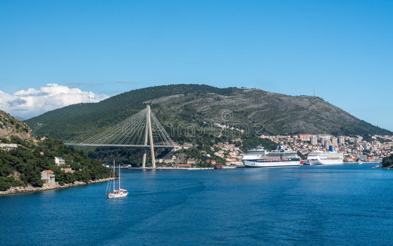 Dubrovnik, Croatia - 22 May 2019: Celebrity Constellation cruise ship with P and O Oriana docked in the Dubrovnik cruise. Dubrovnik, Croatia - 22 May 2019: Celebrity Constellation cruise ship with P and O Oriana docked in the Dubrovnik cruise