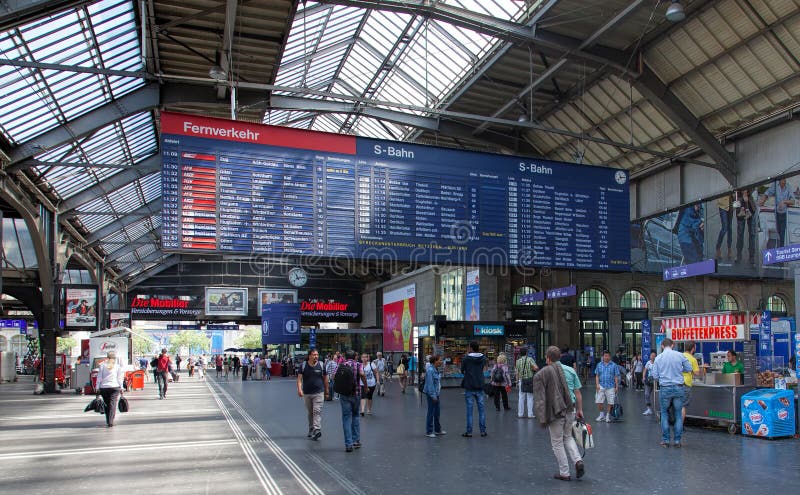 Departure board of the Zurich Main railway station