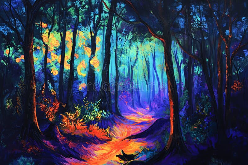 Depict a glowing forest scene where the trees seem to pulse with vibrant, abstract patterns of light gerenetive ai illustration