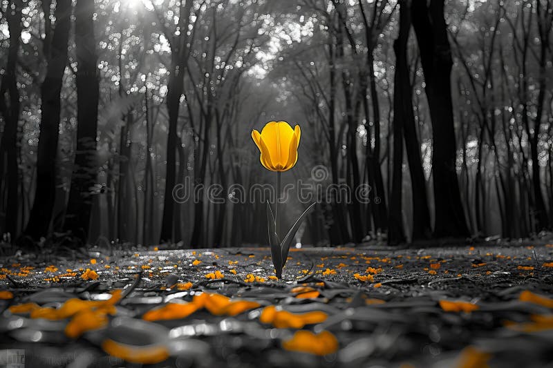 Depicting a black and white photography of one yellow tulip in the middle, surrounded by trees and nature, beautiful composition stock illustration
