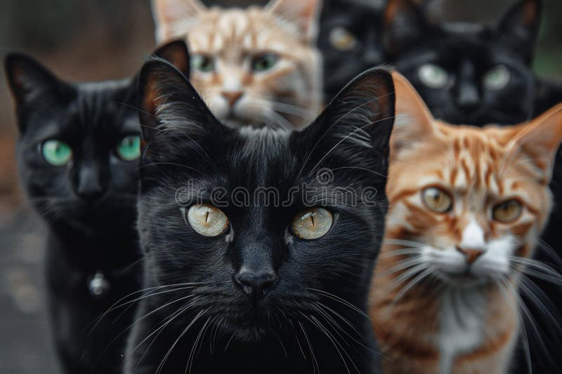 Depicting a cats in a row with their eyes wide open stock photo royalty free illustration