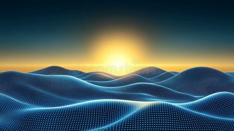The depiction of an abstract digital landscape with a wave pattern of interconnected networks, glowing points, and a stock image