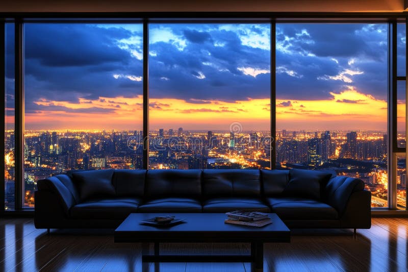 A depiction of a contemporary dark apartment featuring large windows, generated using image technology royalty free stock images