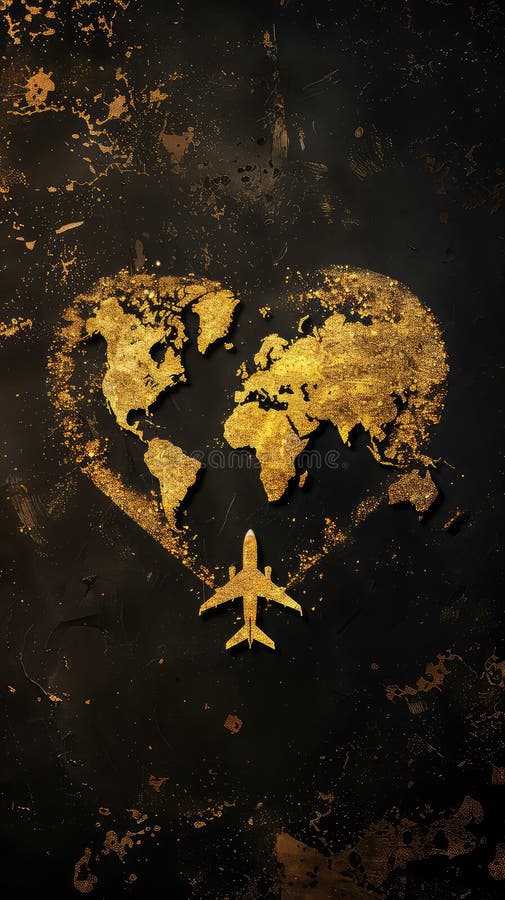 Depiction of a Golden Heart Shaped World with a Central Plane, Set Against a Dark Black and Brown Background royalty free stock image