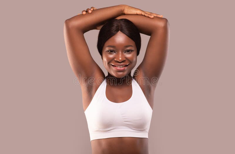 Depilation Concept. Happy African American Woman Showing Her Smooth Armpits  Stock Image - Image of health, hygienic: 210572123