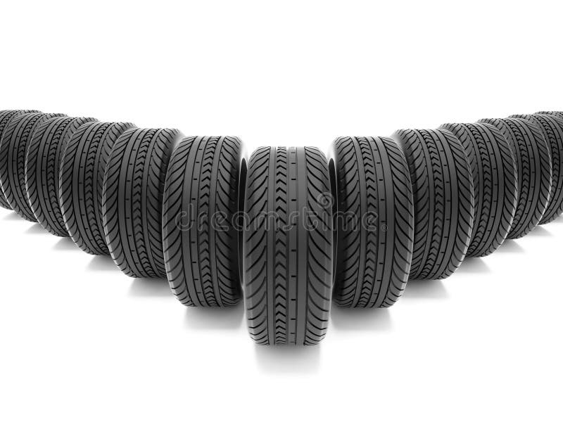 A computer generated image of wheels deployed in an arrow shape isolated on white. Stack vehicle illustrations