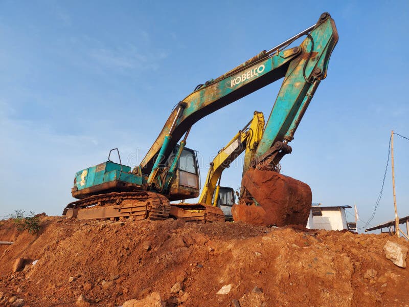 Depok, Indonesia-February 2 2022: crawler excavator kobelco. Heavy equipment royalty free stock photography