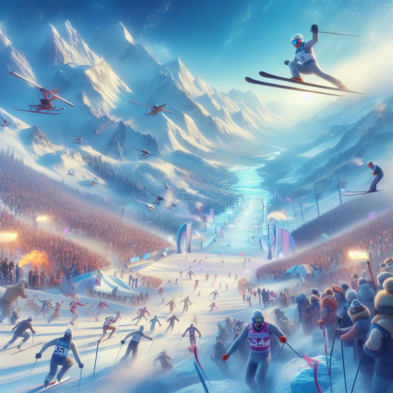 Snow Sports Spectacular A scene where athletes from around the world gather to compete in a variety of winter sports, each event shimmering with magi. Snow Sports Spectacular A scene where athletes from around the world gather to compete in a variety of winter sports, each event shimmering with magi