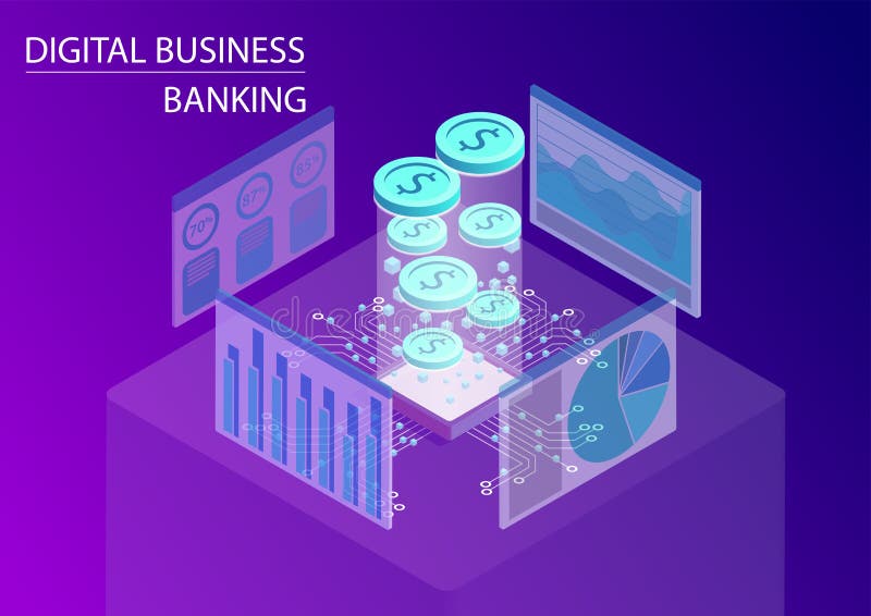 Depositar do negócio de Digitas e conceito dos serviços financeiros ilustração isométrica do vetor 3d com as moedas e fluxo de da ilustração do vetor Depositar do negócio de Digitas e conceito dos serviços financeiros ilustração isométrica do vetor 3d com as moedas e fluxo de da ilustração do vetor