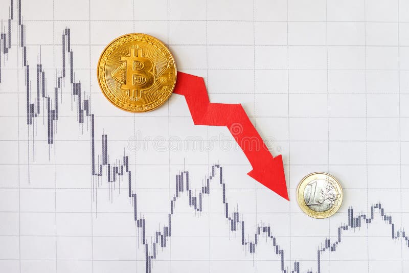 Depreciation of virtual money bitcoin. Red arrow and golden Bitcoin on paper forex chart index rating go down on exchange market. Graphic, business.