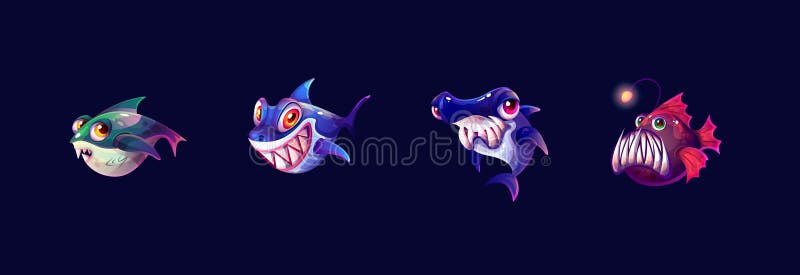 Funny fishes predators with sharp teeth color vector icon big set. Scary underwater preying animals illustrations pack on dark blue background. Funny fishes predators with sharp teeth color vector icon big set. Scary underwater preying animals illustrations pack on dark blue background