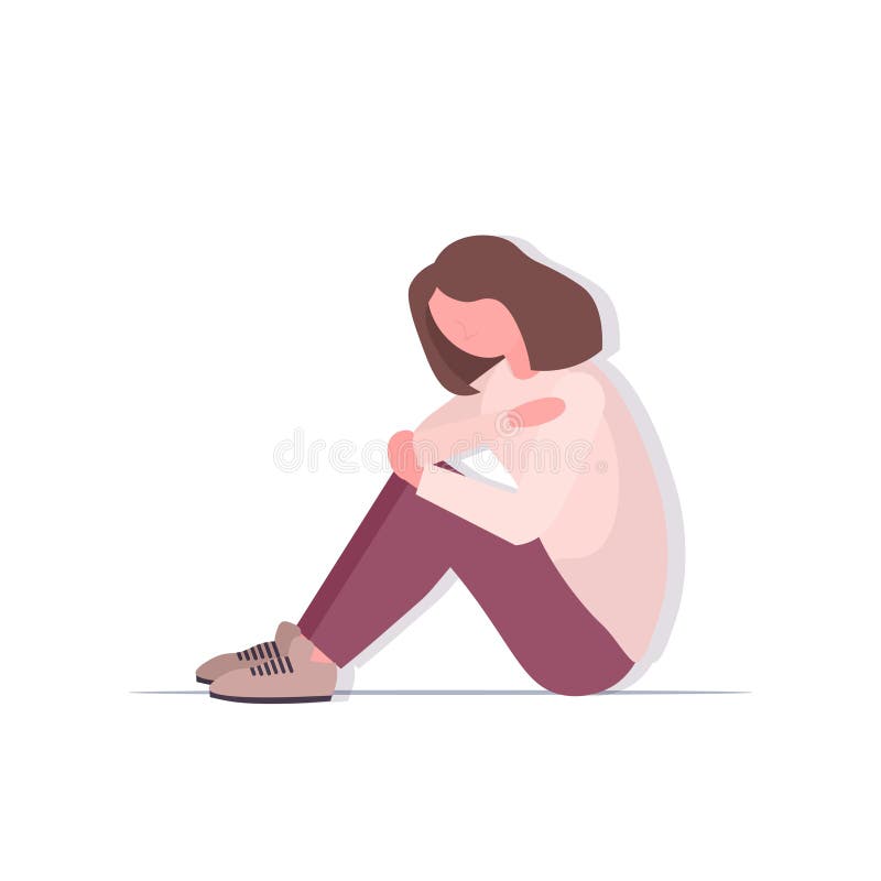 depressed woman crying depression problems stress psychotherapy bullying concept female cartoon character sitting pose isolated full length vector illustration. depressed woman crying depression problems stress psychotherapy bullying concept female cartoon character sitting pose isolated full length vector illustration