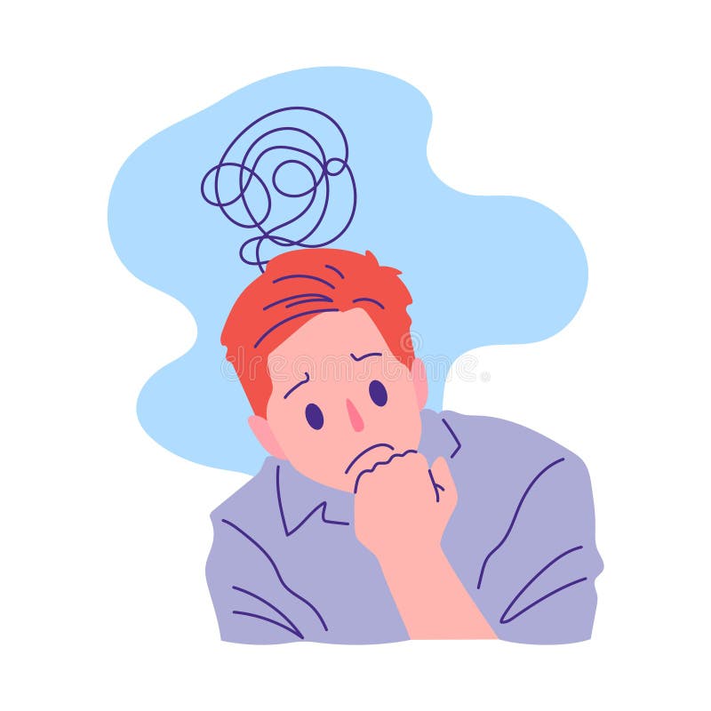 Depressed man with stressful and confusion rest chin in hand pose action vector illustration