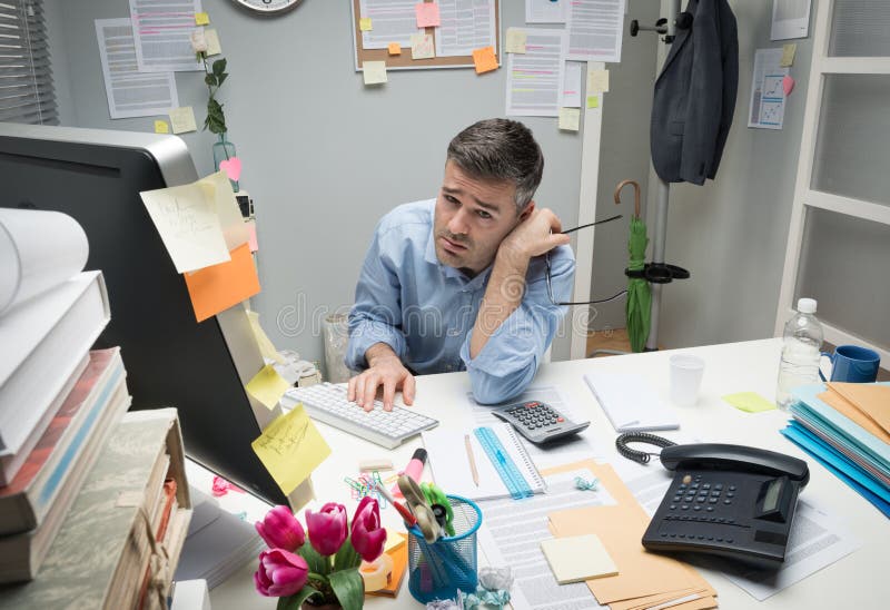 Depressed Office Worker at His Desk Stock Image Image of note, difficulty 46523465