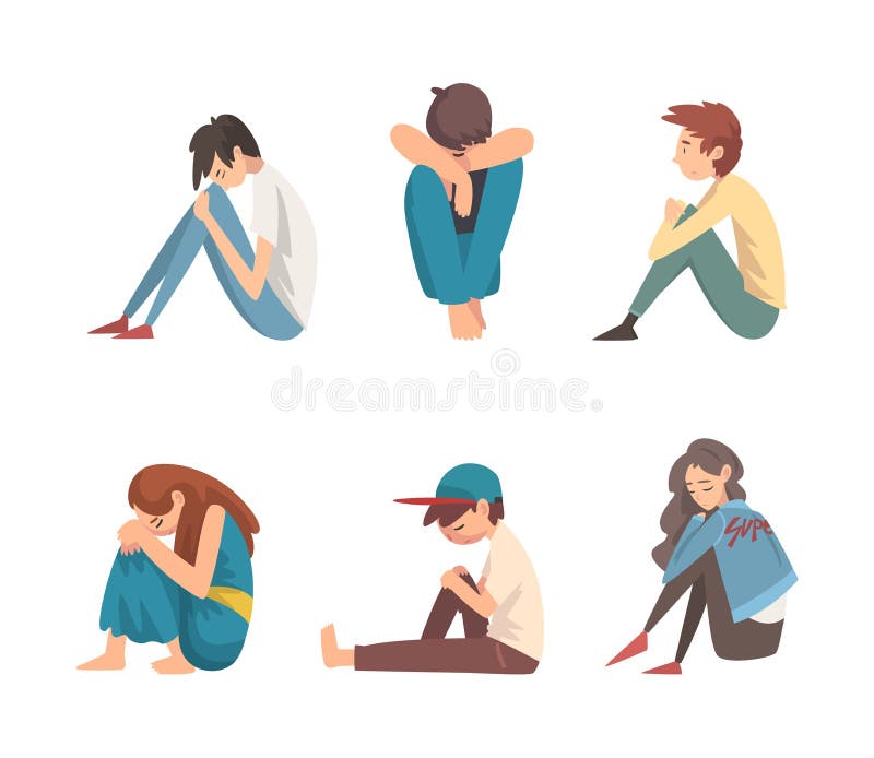 Depressed Teenagers Sitting on Floor Set. Unhappy Stressed Teenage Boys ...