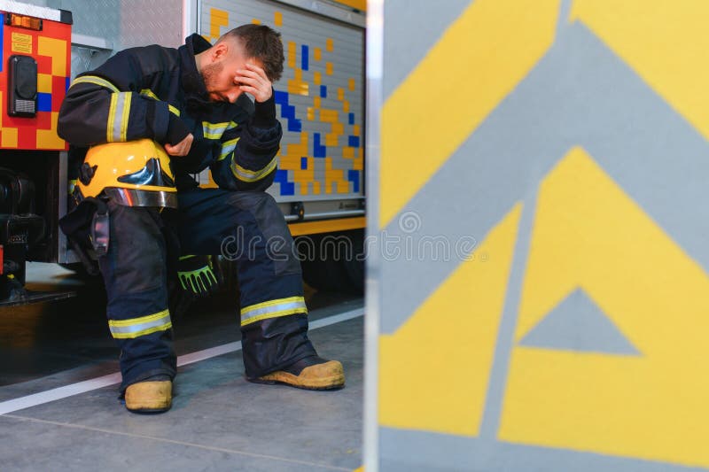 Depressed and tired firefighter near fire truck royalty free stock image