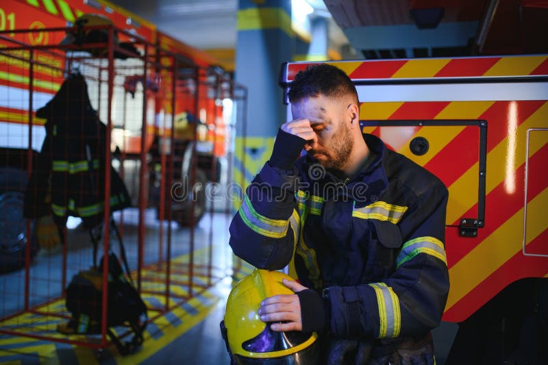 Depressed and tired firefighter near fire truck stock photo
