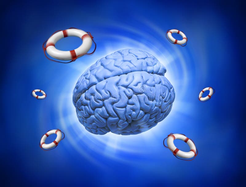 Hombre cerebro línea de vida anillos flotante alrededor sobre el azul.
