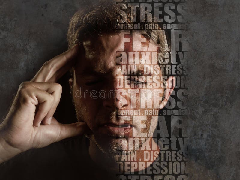 Depression composite with words like pain and anxiety composed into face of young sad man suffering stress and headache feeling