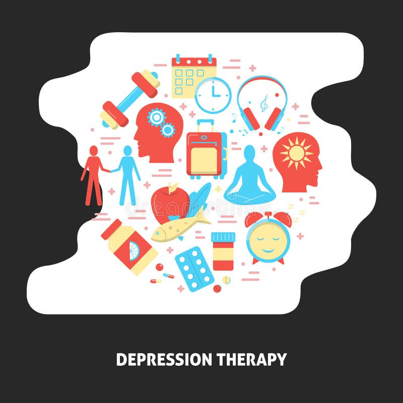 Depression Treatment Concept Icons Set in Flat Style Stock Vector ...
