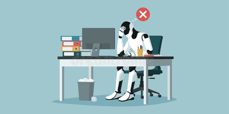 Depressive AI Roboter sitzend am Schreibtisch und arbeitet vektor abbildung