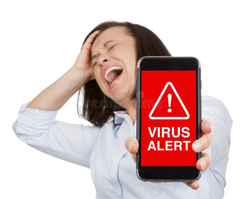 Depressed, Stressed, Panic, Shocked and Screaming Beautiful Woman when using Mobile Phone with Virus Alert Sign on a white background. Depressed, Stressed, Panic, Shocked and Screaming Beautiful Woman when using Mobile Phone with Virus Alert Sign on a white background