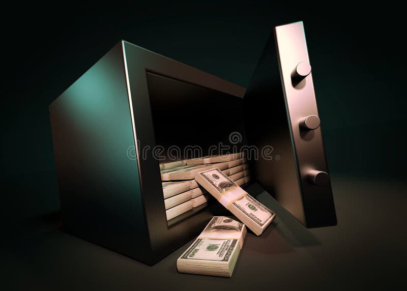 Depósito seguro del dinero del efectivo Pequeña cámara acorazada residencial con la pila de dinero del efectivo 3d rinden stock de ilustración Depósito seguro del dinero del efectivo Pequeña cámara acorazada residencial con la pila de dinero del efectivo 3d rinden stock de ilustración