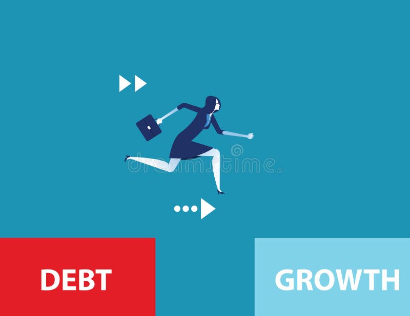 Depășirea datoriilor. femeie de afaceri care rulează și scapă din zona de datorii. ilustrare vectorială de business concept vector illustration