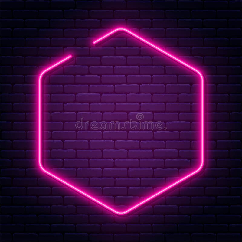 In der Achteckform Leuchtreklame. leichter leichter belichteter Achteckneonrahmen. glühende violetten Neonröhre mit dunklem Hinter vektor abbildung