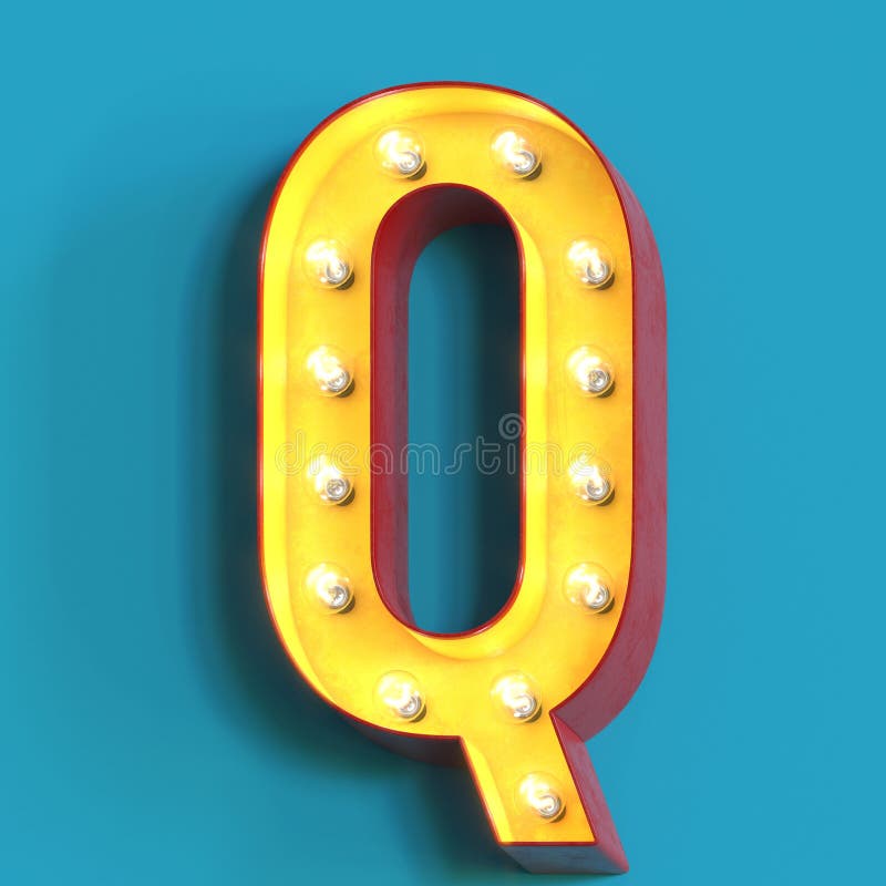 Der Alphabetcharakters 3d der Schrift 3d der Glühbirne glühender Wiedergabebuchstabe q lizenzfreie abbildung