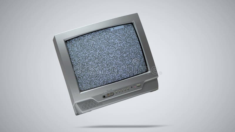 Der alte graue Ct-Fernseher hängt in der Luft und zeigt Störungen und statische Rauschvermittlungskanäle an, die auf einem hellgra