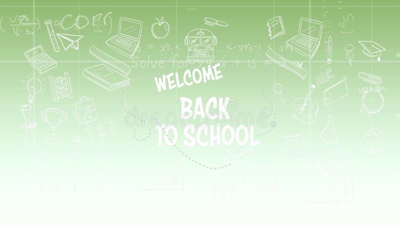 In der Animation von Welcome Back Text mit Lehrdoodles über grüne Hintergrundbilder stock abbildung