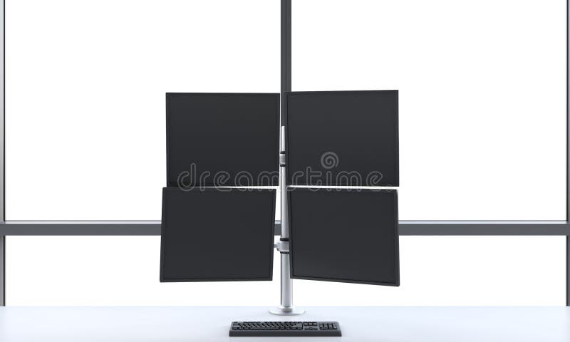 Der Arbeitsplatz oder die Station eines modernen Händlers, die aus vier Schirmen in einem panoramischen Büro des hellen modernen lizenzfreie abbildung Der Arbeitsplatz oder die Station eines modernen Händlers, die aus vier Schirmen in einem panoramischen Büro des hellen modernen lizenzfreie abbildung