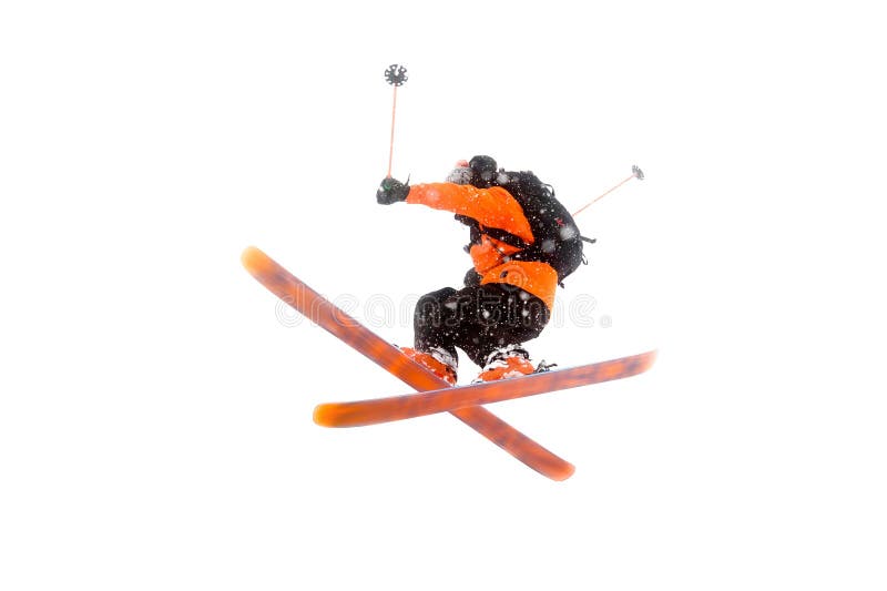 Der Athletenskifahrer im orange schwarzen Anzug tut den Sprungstrick, indem er die Skis kreuzt wirkliches Foto gemacht in den Ber stockfotos Der Athletenskifahrer im orange schwarzen Anzug tut den Sprungstrick, indem er die Skis kreuzt wirkliches Foto gemacht in den Ber stockfotos