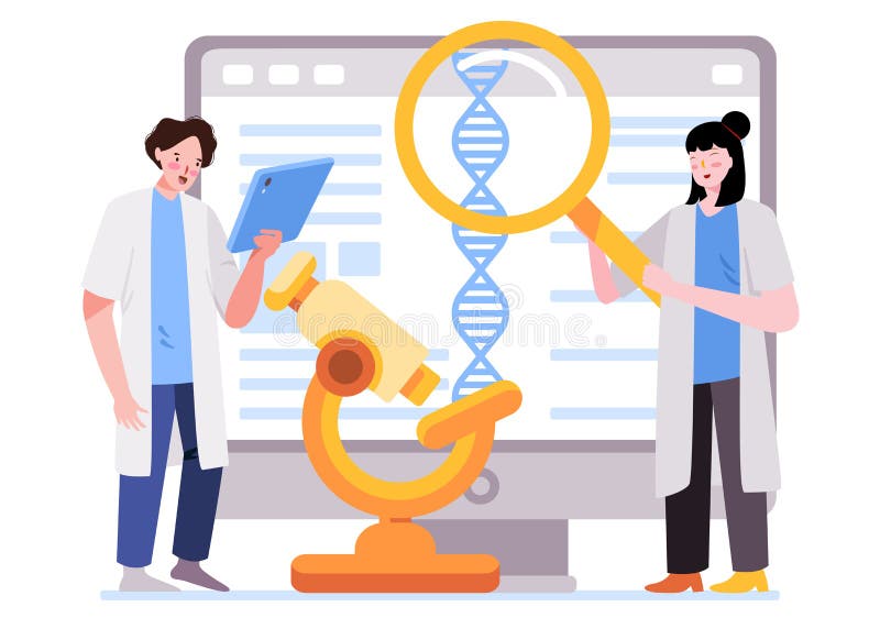 In der Bioinformatik für DNA-Sequenzforscher sucht nach DNA-Tests und -Analysen mithilfe der Kettenabschaltung. In der Bioinformatik für DNA-Sequenzforscher sucht nach DNA-Tests und -Analysen mithilfe der Kettenmikroskopmethode moderne Cartoon-Flavektor-Designvorlage
