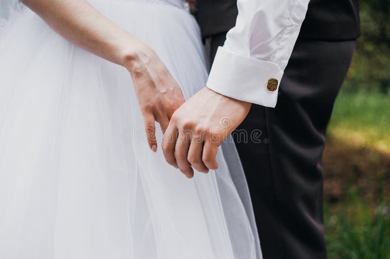 Der Bräutigam hält die Braut ` s Hand stockfotografie Der Bräutigam hält die Braut ` s Hand stockfotografie