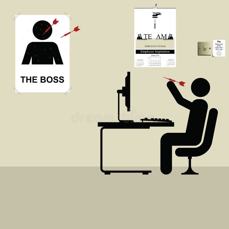 Employee throwing darts at a poster of the boss. Employee throwing darts at a poster of the boss