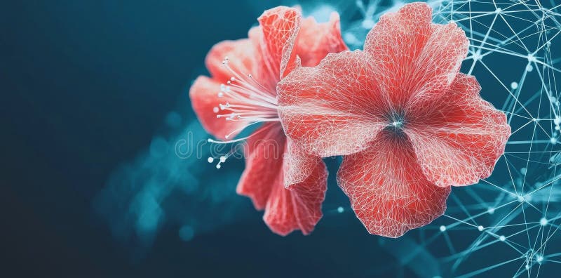 In der Dämmerung ist ein futuristischer Garten voller kosmischer Atmosphäre und blühenden digitalen Rosen stockbild