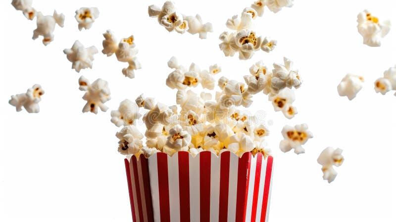 Der Eimer mit popcornAI generiertem Bild. Rot-weiß gestreifter Eimer, überfüllt mit Pappmais auf weißem Hintergrund. AI-generiertes Bild.