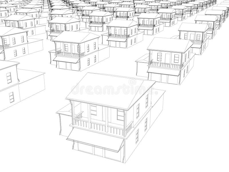 Die Umrisse vieler identischer Häuser in einer Reihe 3d. Vektorgrafik lizenzfreie abbildung