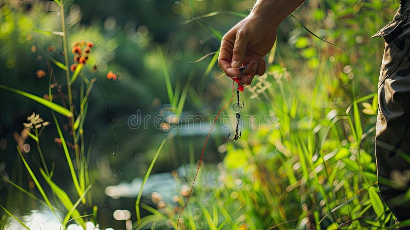 the fisherman baits the hook. AI generated. the fisherman baits the hook. AI generated