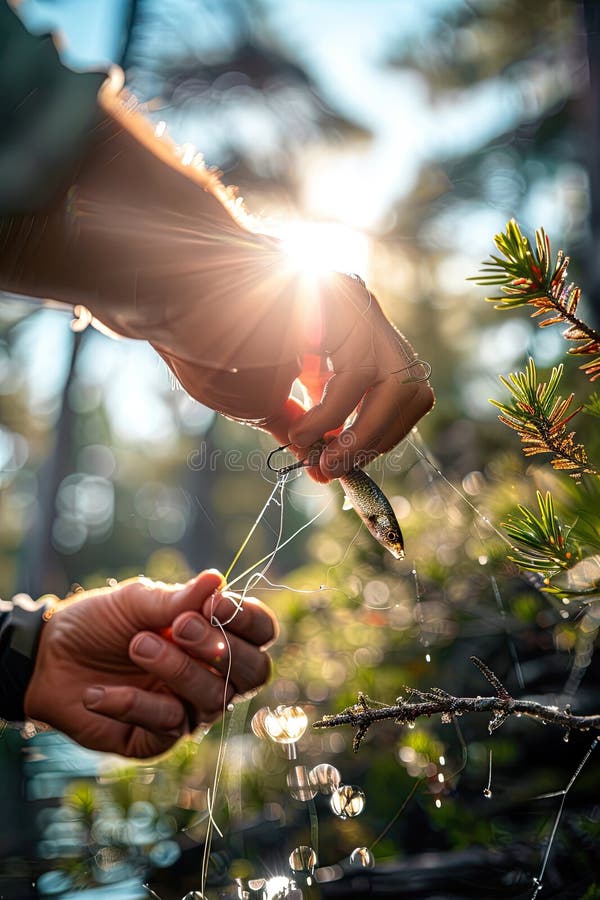 the fisherman baits the hook. AI generated. the fisherman baits the hook. AI generated