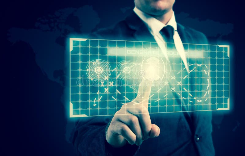 Der Geschäftsmann bedrängte einen Knopf auf der High-Techen Anzeige lizenzfreie stockbilder Der Geschäftsmann bedrängte einen Knopf auf der High-Techen Anzeige lizenzfreie stockbilder