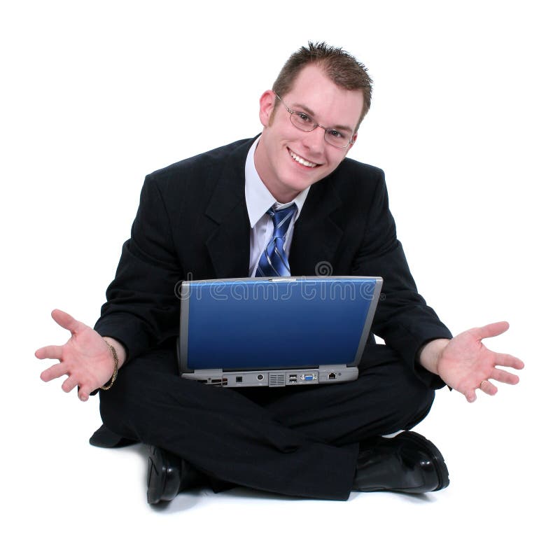 Business Man Sitting On Floor With Laptop Hands Out. Shot in studio over white with the Canon 20D. This is the 80,000th image on Dreamstime.com. Business Man Sitting On Floor With Laptop Hands Out. Shot in studio over white with the Canon 20D. This is the 80,000th image on Dreamstime.com