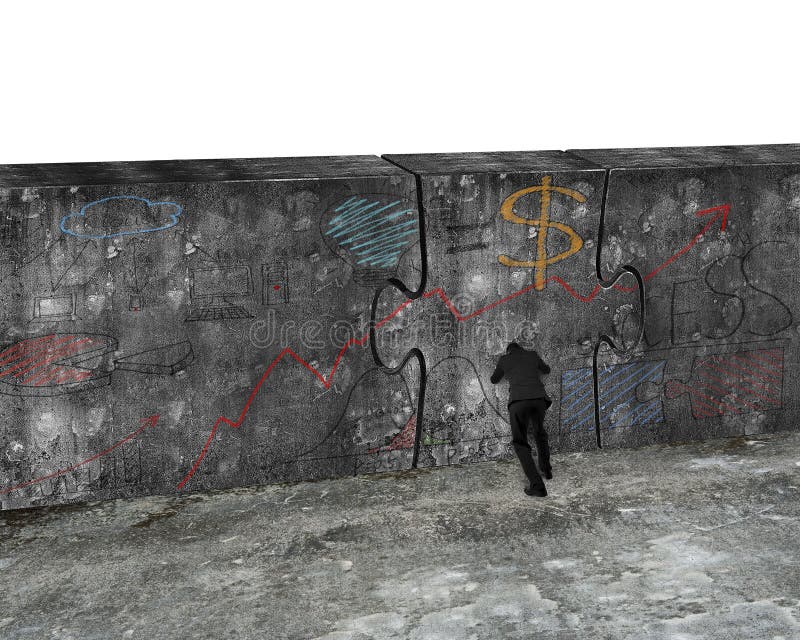 Der Geschäftsmann, der enorme Puzzlespieltür des Geschäfts drückt, kritzelt concret lizenzfreie stockfotos Der Geschäftsmann, der enorme Puzzlespieltür des Geschäfts drückt, kritzelt concret lizenzfreie stockfotos