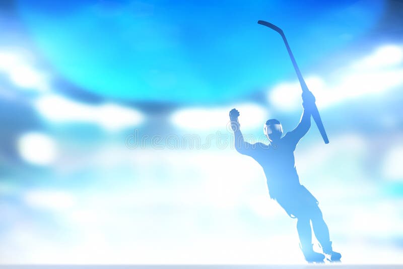 Der Hockeyspieler, der Ziel, Sieg mit den Händen feiert und haften oben