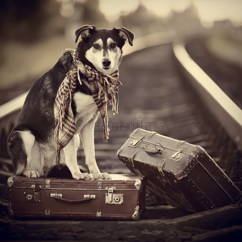 Der Hund Sitzt Auf Einem Koffer Auf Schienen Stockbild Bild von