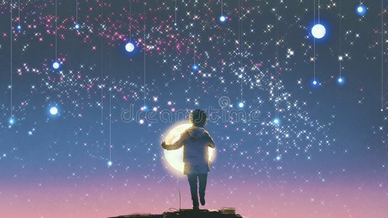 Der Junge, der den glühenden Mond steht gegen das Hängen hält, spielt die Hauptrolle lizenzfreie abbildung Der Junge, der den glühenden Mond steht gegen das Hängen hält, spielt die Hauptrolle lizenzfreie abbildung